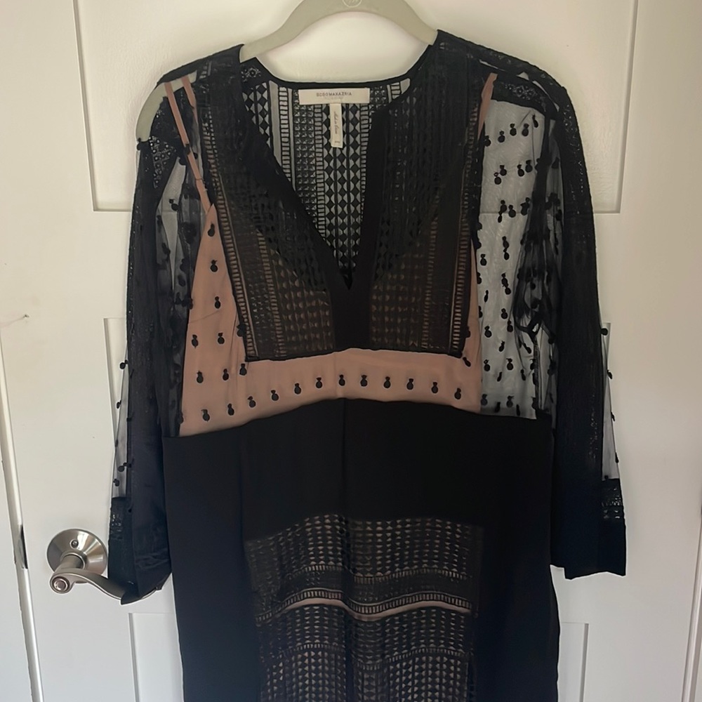 Black shift dress with nude slip